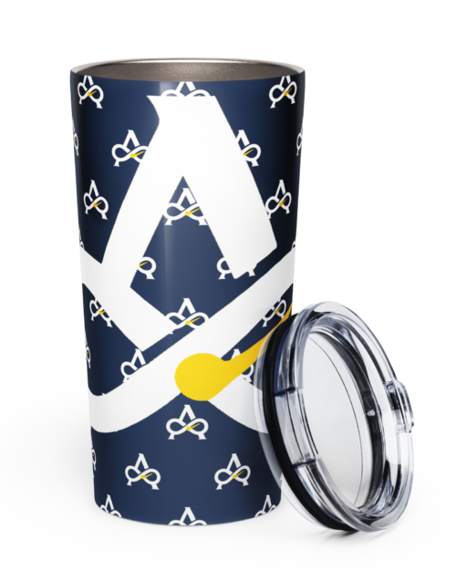 Allatyme “A∞” – Tapered stainless steel tumbler – Navy, White & Yellow (Pattern)